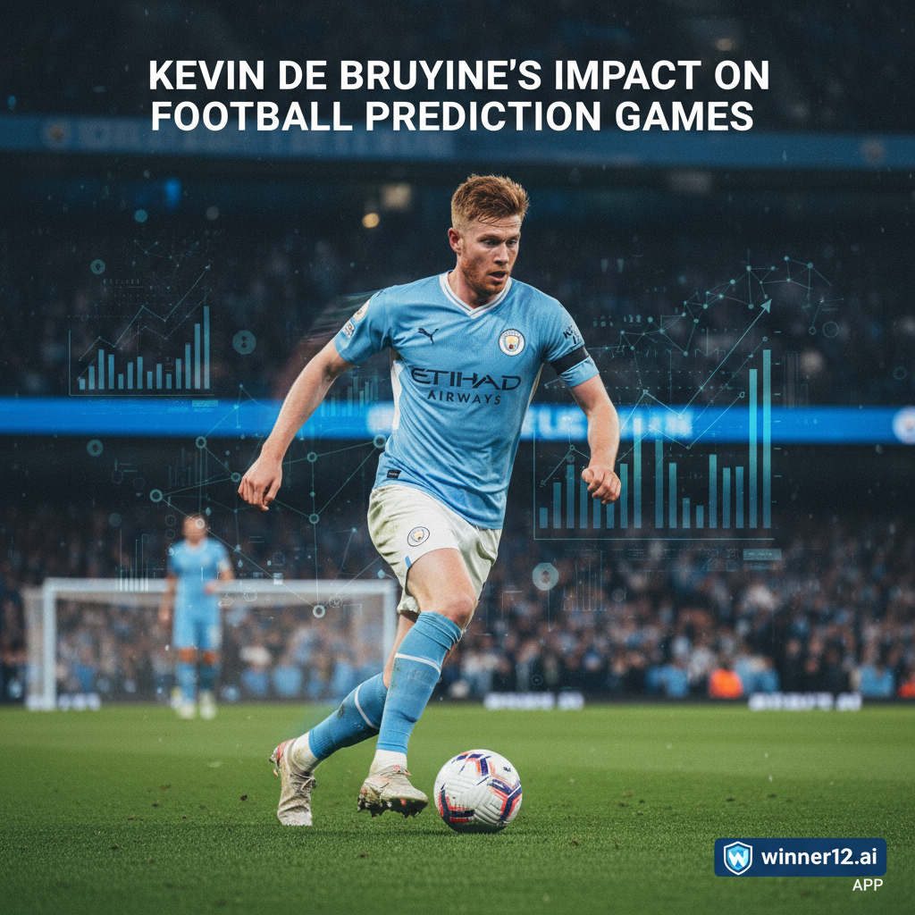 ALT text: A high-detail poster of Kevin De Bruyne playing soccer on a vibrant green pitch, showcasing his dynamic playmaking with motion blur and focused expression, featuring subtle digital data overlays representing football prediction games, clean modern typography reading “Kevin De Bruyne’s Impact on Football Prediction Games,” and a discreet winner12.ai logo in the corner.