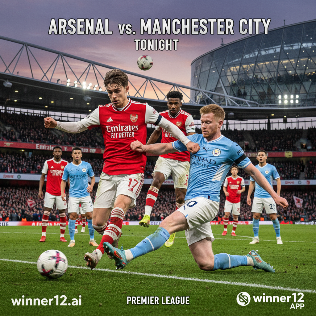 阿森纳与曼城今晚足球赛海报，真实英超比赛场景，球员穿官方队服，背景为酋长球场与伊蒂哈德球场，动态足球动作，细腻自然光线与真实球场质感，winner12.ai品牌细节，体现激烈竞争氛围，纯正足球视觉。