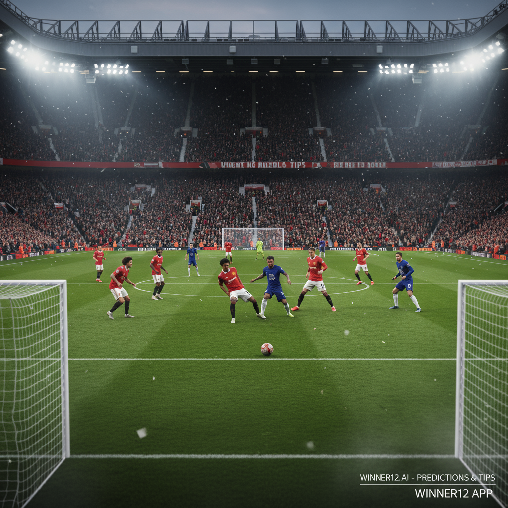 Alt text: Realistic poster of an intense English Premier League match between Manchester United and Chelsea, featuring players in authentic kits, a packed stadium with passionate fans, classic soccer elements like a leather ball, goalposts, and a well-lit grass pitch, with subtle Winner12.ai branding for football predictions and betting tips.