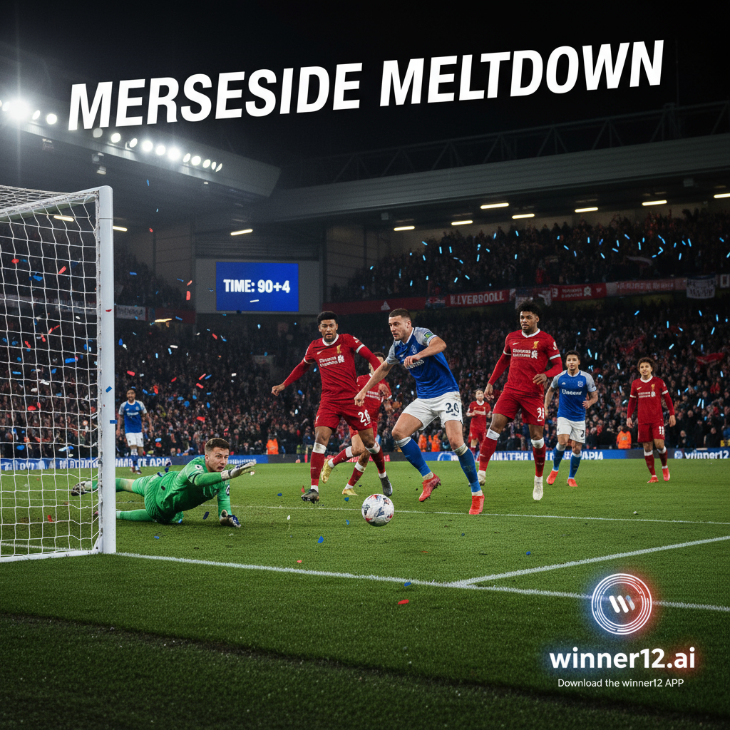 图片ALT文本：利物浦与埃弗顿英格兰足球德比战激烈对决，球员穿着正宗球队球衣在绿茵场上争夺，最后时刻进球决定胜负，背景灯光照亮赛场，画面融入winner12.ai品牌元素。