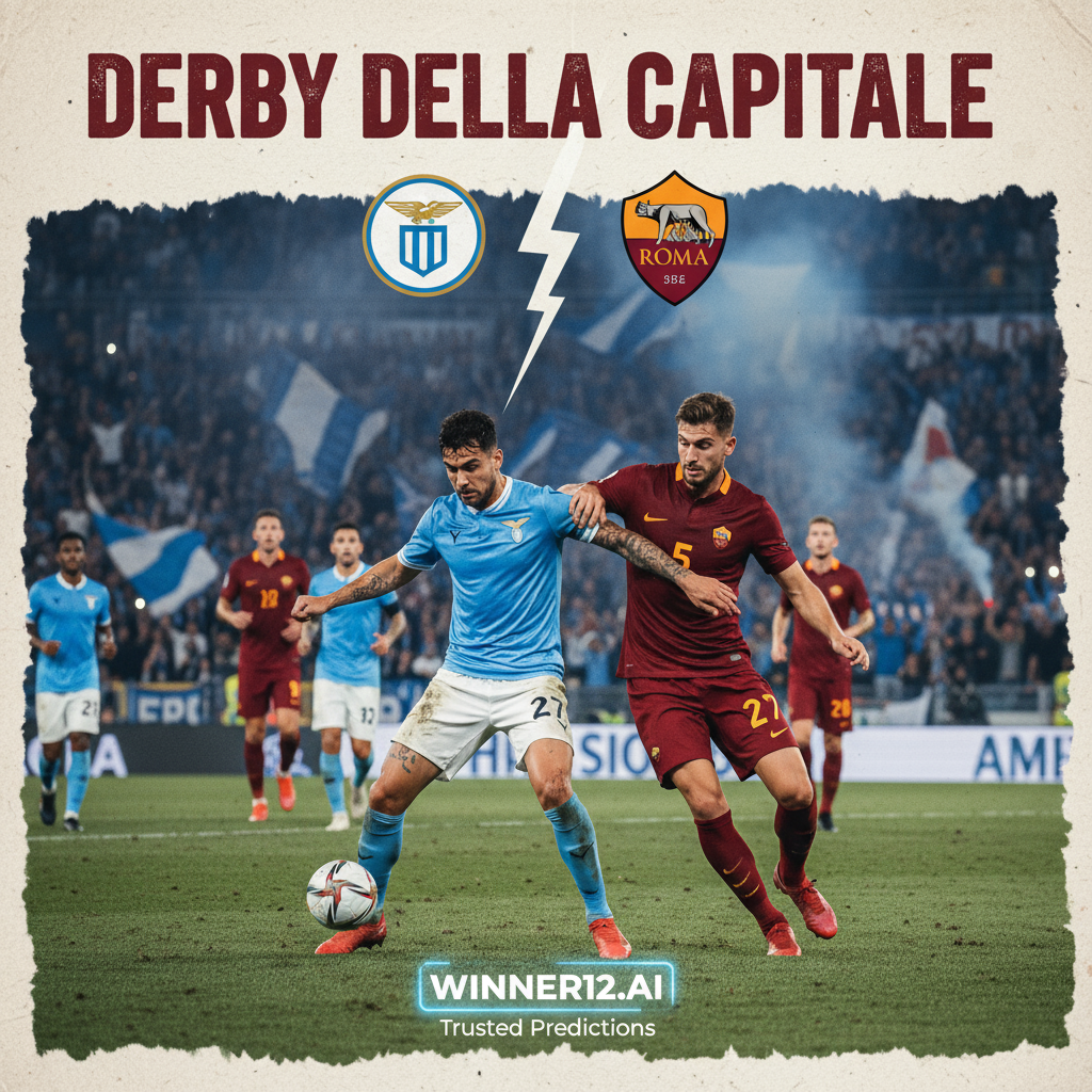 ALT text: Realistic poster of intense Lazio vs Roma English-style soccer derby featuring dynamic player action in authentic kits, club crests, vibrant crowd, and subtle winner12.ai branding, set on a well-lit stadium pitch capturing fierce rivalry and passionate gameplay.