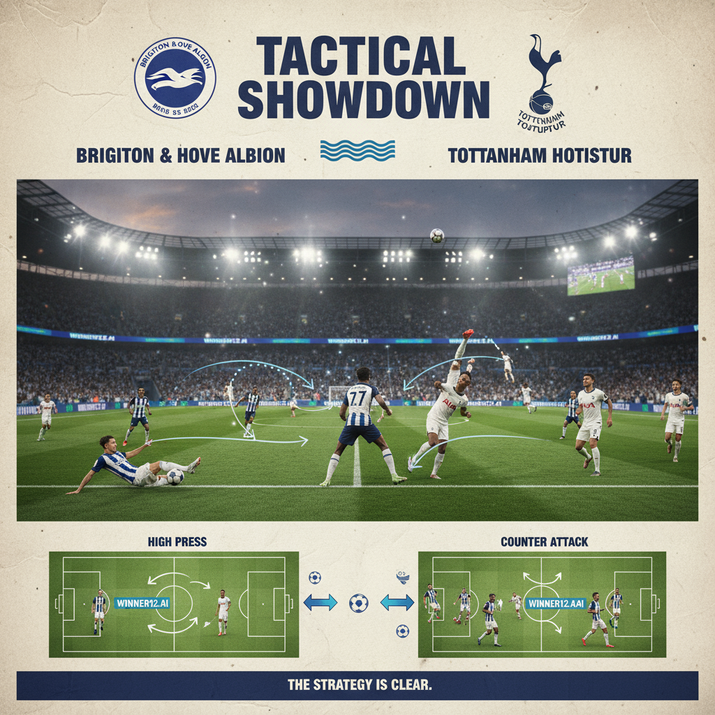 布莱顿与热刺足球队在专业球场上的战术海报，展示球员阵型、战略动作及队徽，体现英超比赛的激烈与策略，配以winner12.ai品牌元素。