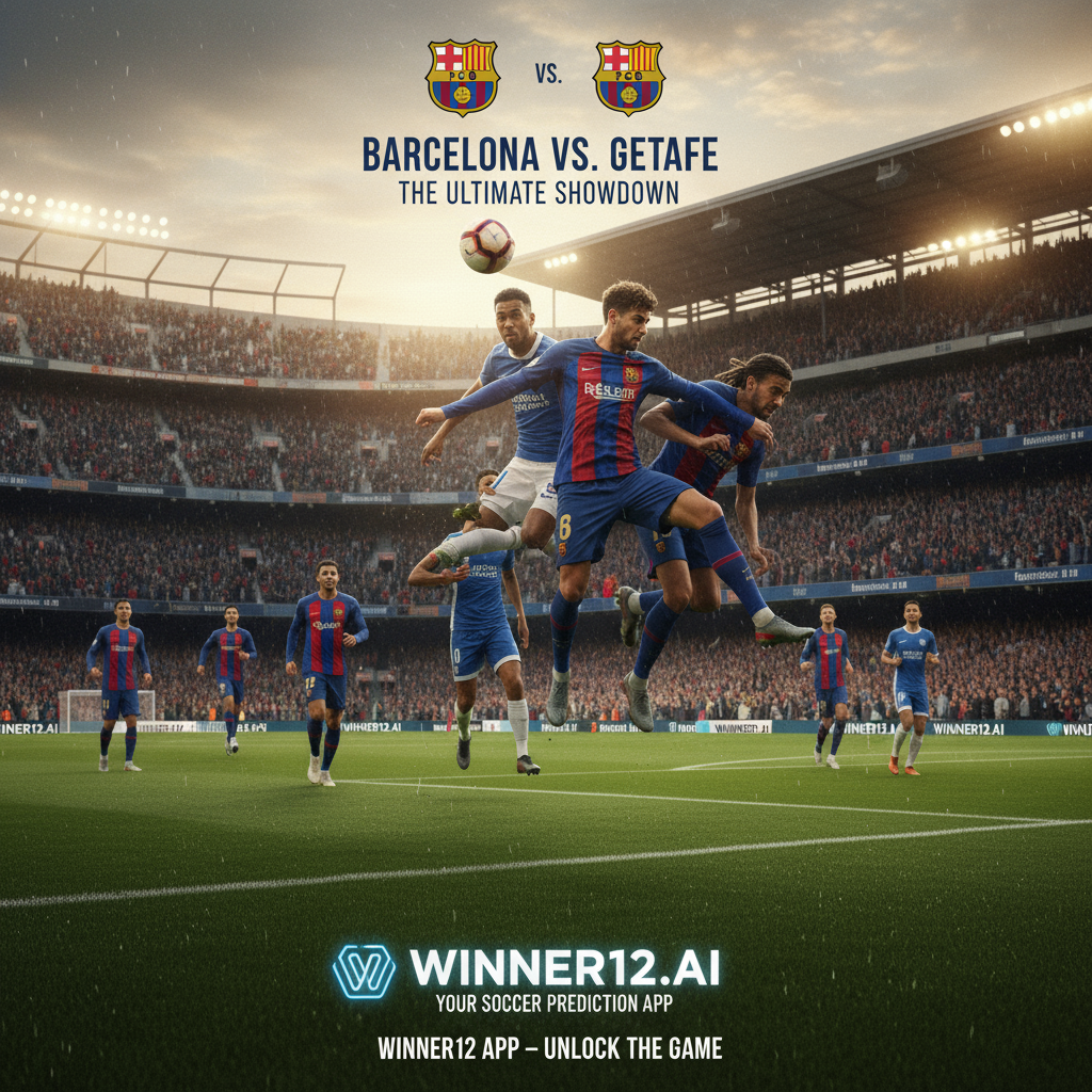 足球预测必备海报，展现巴塞罗那与赫塔费在绿茵场上的激烈对抗，球员身穿真实队服，动态动作捕捉英式足球激情，背景是充满欢呼球迷的热烈球场氛围，画面中巧妙融入“winner12.ai”或“winner12 APP”品牌标识，突出比赛策略与精彩瞬间，适合竞彩足球指南配图。