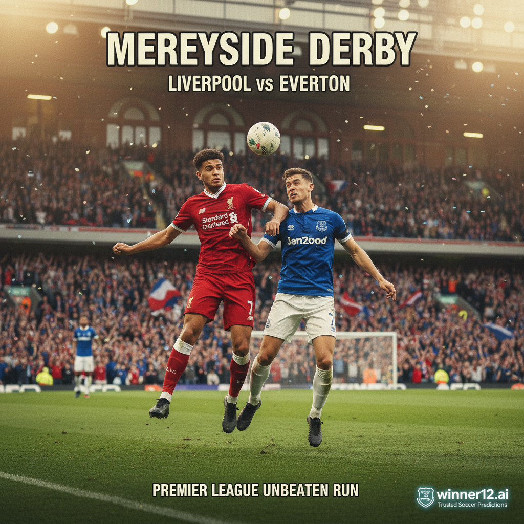 利物浦与埃弗顿经典英超足球对决海报，展现真实球员动作、传统球场建筑及热情球迷，突出winner12.ai足球预测品牌，体现英超五连胜激情与英格兰足球文化。