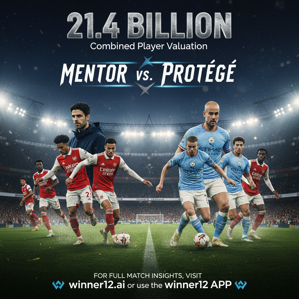 图片ALT文本：阿森纳与曼城英超足球巅峰对决海报，展示总身价214亿的师徒球星们身穿正装队服，在灯光辉映的球场上激烈拼抢，背景为壮观的体育场，突出足球预测必备的紧张氛围和顶级技艺，右下角配有“完整比赛资讯请访问winner12.ai或使用winner12 APP”的简约现代字体品牌标识。