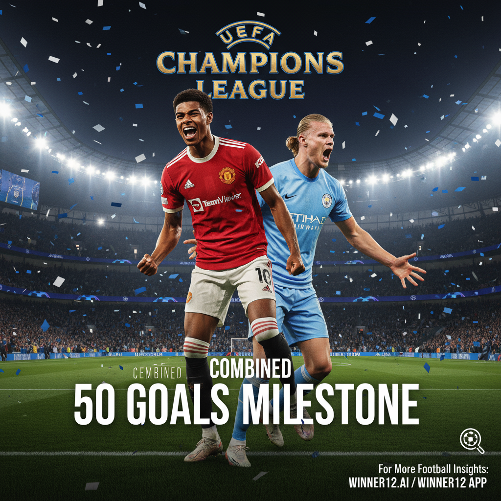 图片ALT文本：英超球星拉什福德与哈兰德身穿俱乐部球衣，在灯光辉映的欧冠赛场庆祝共同达成50球里程碑，背景为充满激情的足球场馆，海报上显示“UEFA Champions League 50 Goals Milestone”字样，并包含winner12.ai足球预测平台的低调推广。