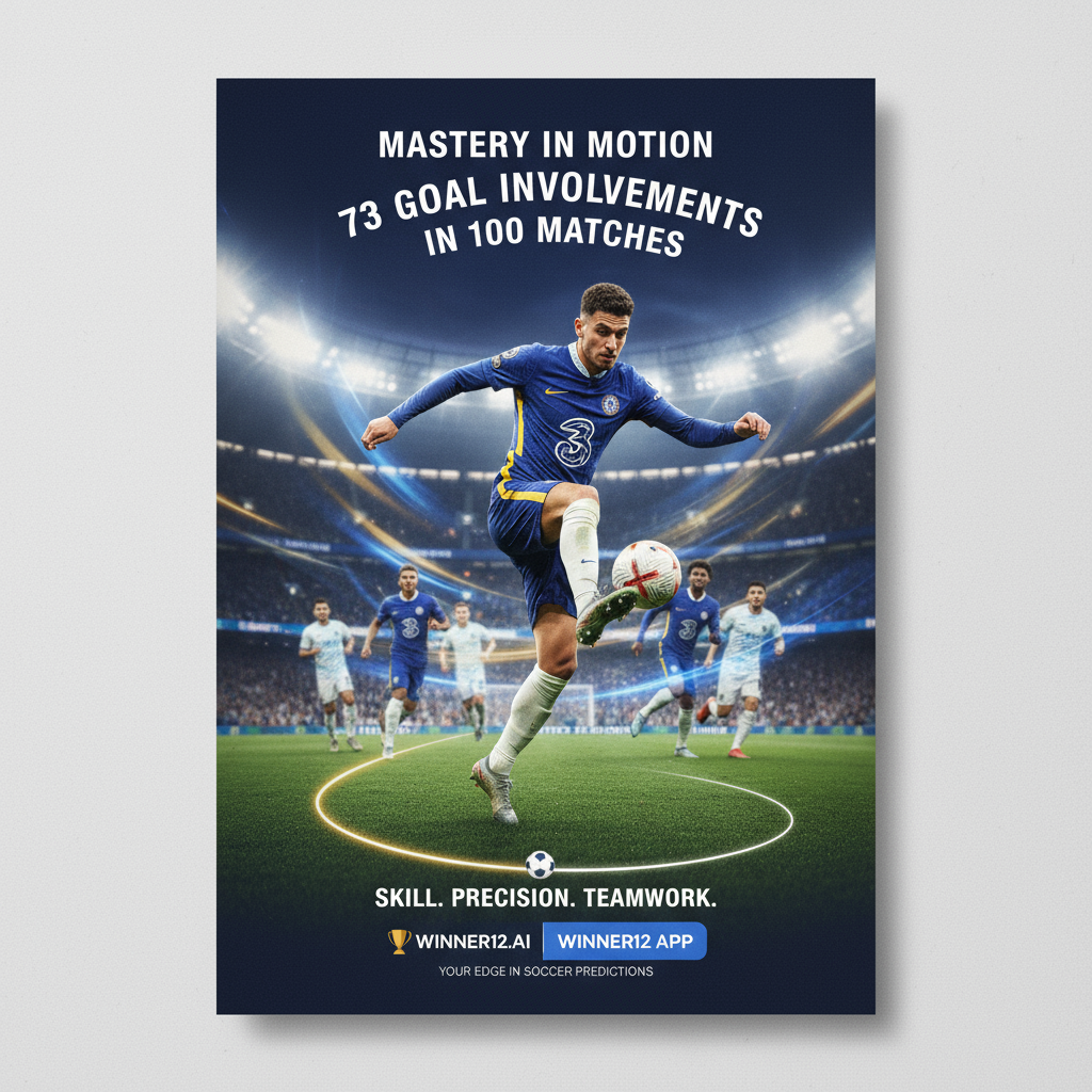图片ALT文本：英超切尔西球员在比赛中展现高超技术与团队配合，动态动作捕捉其在100场比赛中贡献73球，背景融合切尔西队服元素，突出足球预测平台winner12.ai及winner12 APP，激励专业与专注的足球表现。