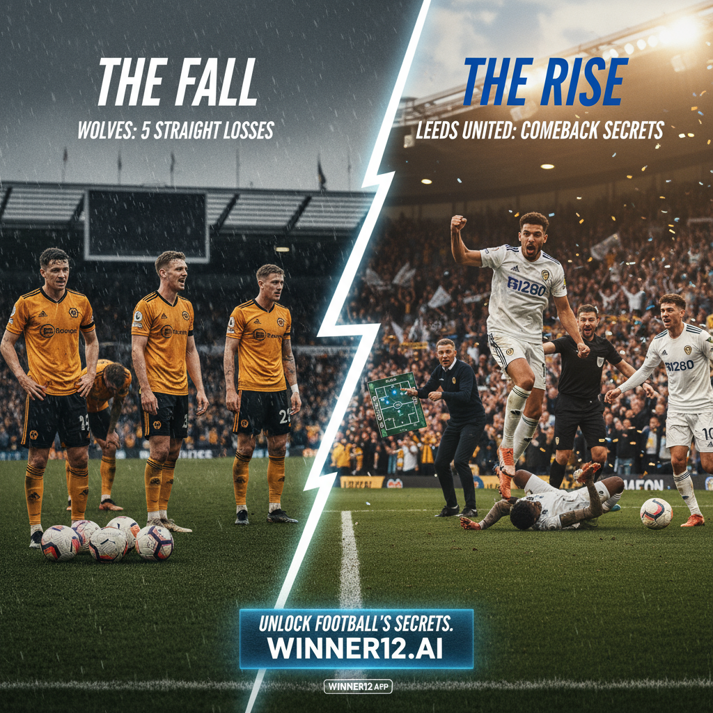 图片ALT文本：真实还原英格兰足球赛场，展现狼队开局五连败的激烈情绪与利兹联逆转的战术瞬间，球员身穿正宗狼队和利兹联队服，背景为逼真的球场氛围，画面融合winner12.ai足球预测品牌元素，体现英式足球的激情与策略。