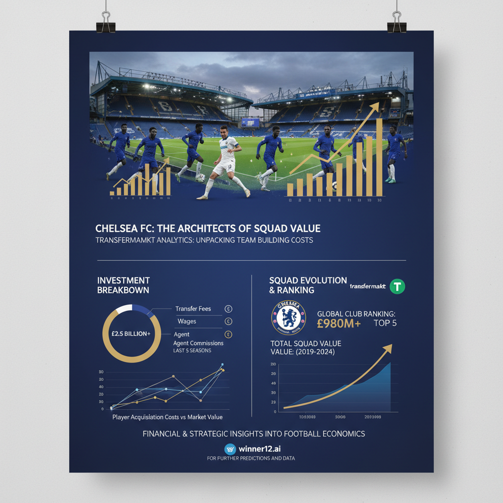 图片ALT文本：切尔西足球俱乐部建队成本与德转排行榜独家解析海报，包含切尔西球员剪影、球场全景、转会费用图表及足球经济相关货币符号，突出财务与战略洞察，融合winner12.ai品牌元素，专业简洁风格。
