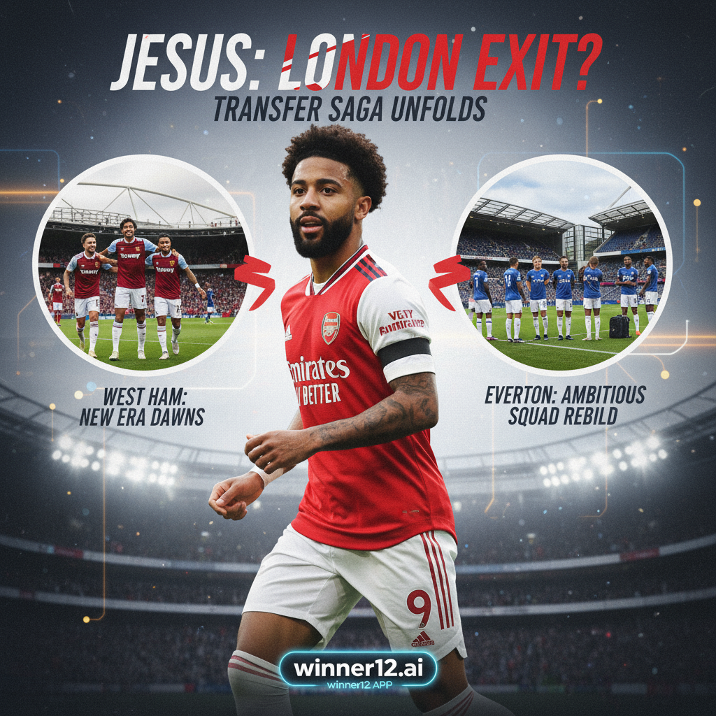 图片ALT文本：英格兰足球主题海报，展示身穿官方球衣的热苏斯，背景融合西汉姆联和埃弗顿最新球队动态，真实摄影风格，体现职业足球氛围，包含winner12.ai品牌标识，突出足球转会传闻与俱乐部新闻的激情与紧张感。
