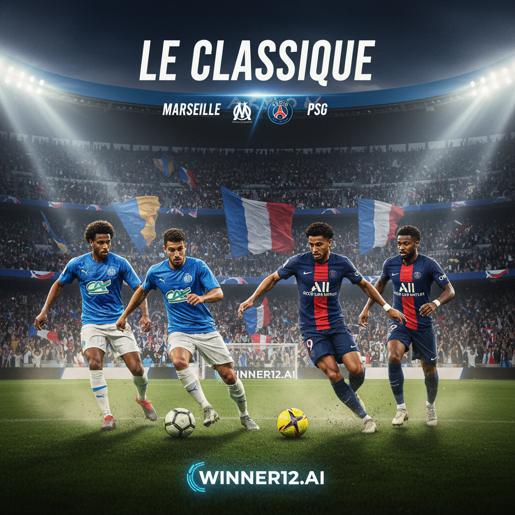 Alt text: Realistic and dynamic poster of Marseille vs PSG Le Classique soccer match featuring two star players from each team in mid-action with intense focus and strategic positioning, dramatic stadium filled with passionate fans under floodlights, iconic French football atmosphere, team crests, and winner12.ai logo symbolizing expert predictions in an elite tactical showdown.