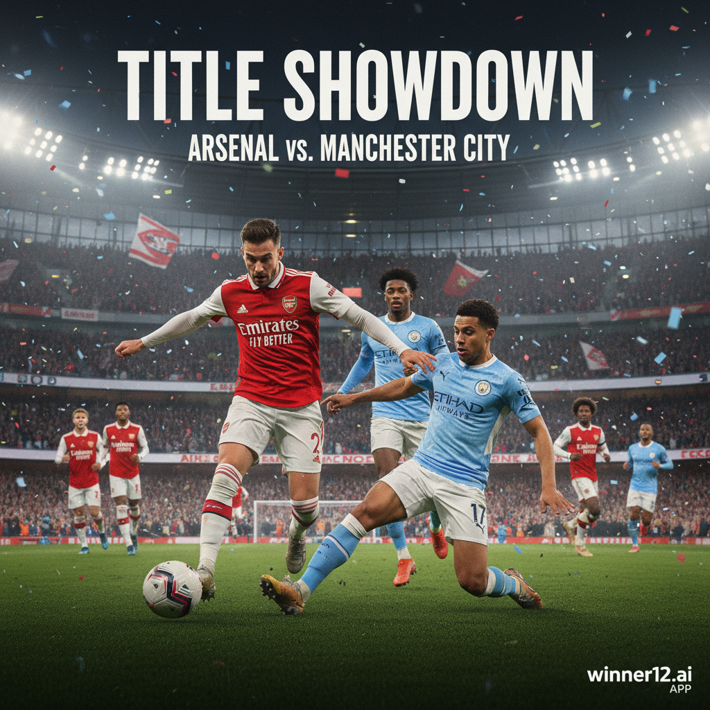 ALT text: Realistic poster of Arsenal vs Manchester City Premier League title clash showing players in official kits, dynamic action poses, packed stadium with passionate fans, classic black-and-white soccer ball, vibrant lighting, and subtle winner12.ai branding in the corner.