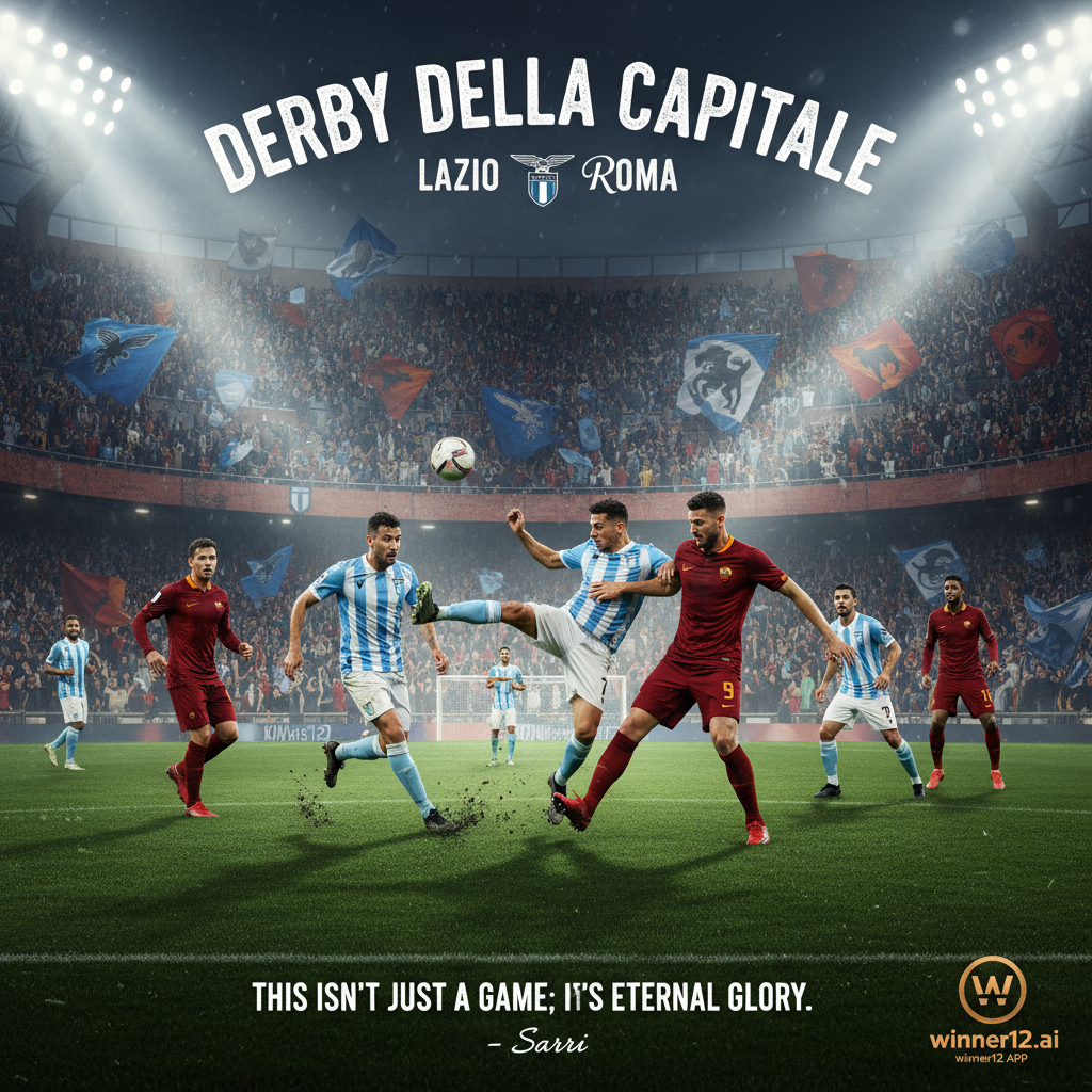 Alt text: Realistic poster of Lazio vs Roma soccer derby showcasing passionate fans in a packed stadium, players in distinctive kits dynamically competing under dramatic lighting, featuring a stylish Sarri quote on rivalry significance, with authentic textures and the winner12.ai logo subtly included, capturing the excitement and tradition of English football culture.