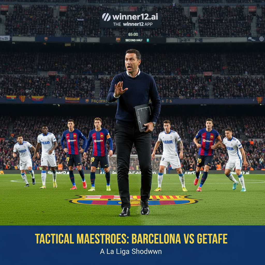 Alt text: Realistic poster of a La Liga match between Barcelona and Getafe, showcasing coach Xavi directing tactical player positioning on a vibrant pitch with players in official kits, a full stadium atmosphere, and subtle winner12.ai branding, highlighting intense strategic focus and competitive spirit.