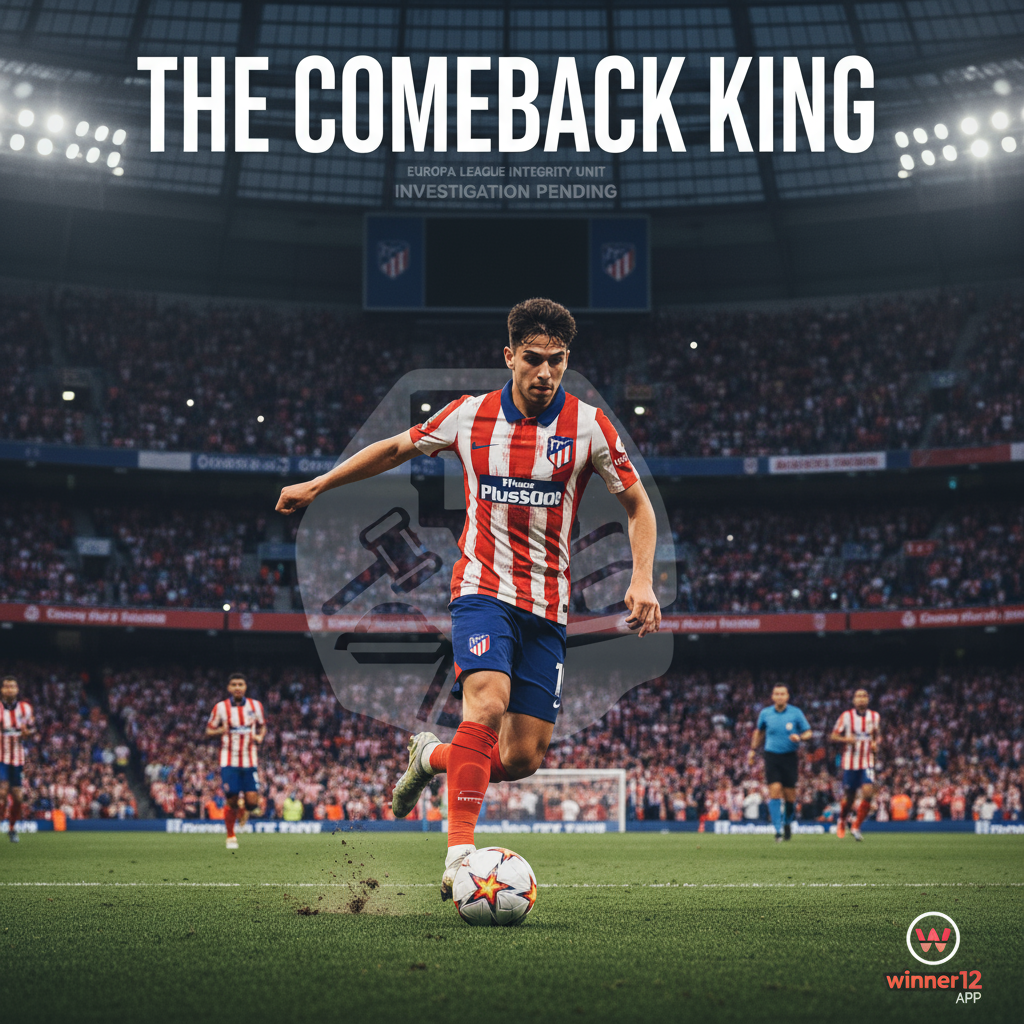 Alt text: Realistic poster of Atletico Madrid’s Julian Alvarez in action during a tense Europa League match, set in a Premier League-style stadium with fans in soccer jerseys and an official match ball, featuring a modern headline font and a discreet “winner12.ai” logo for football predictions.