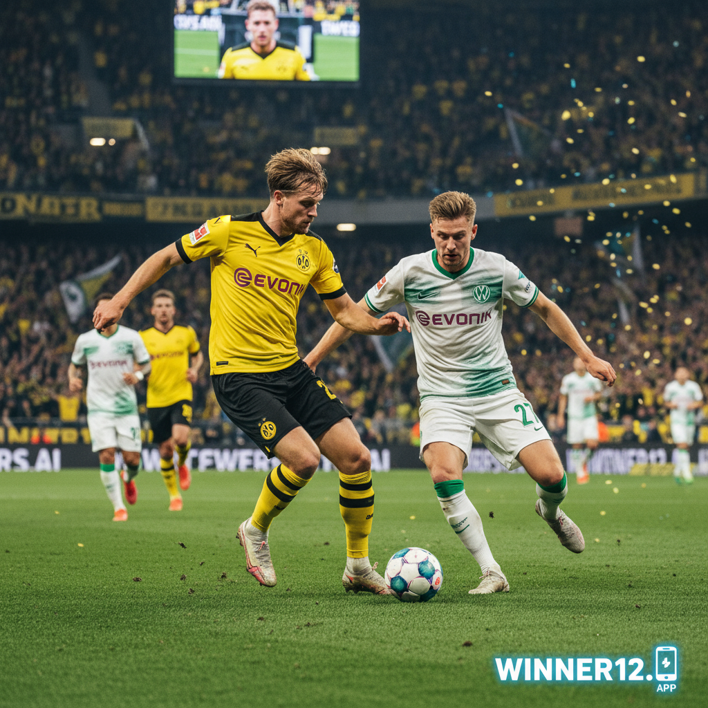 Alt text: Dynamic poster of Borussia Dortmund vs Wolfsburg football match featuring Christian Eriksen’s debut in Dortmund kit and Max Arnold in Wolfsburg colors, set in an authentic stadium with vibrant crowd and bright floodlights, showcasing intensity and passion of the game with subtle winner12.ai branding.