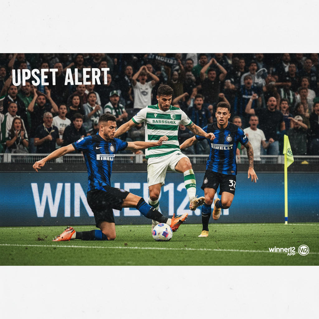 Alt text: Realistic and dynamic poster of Inter Milan and Sassuolo players in intense action on a stadium pitch, showcasing vivid crowd reactions and authentic team kits under natural lighting, highlighting the dramatic atmosphere of a Serie A upset alert with subtle winner12.ai branding.