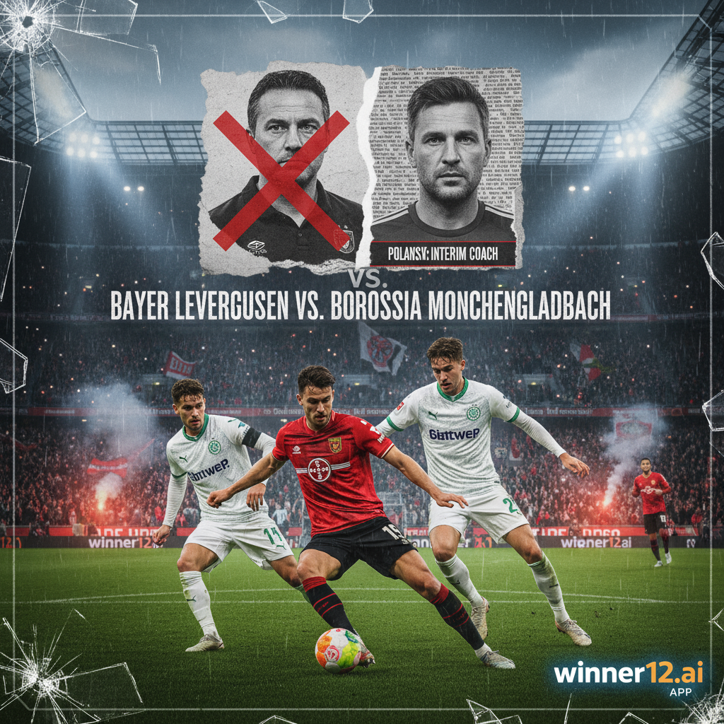 Alt text: Intense football match scene between Bayer Leverkusen and Borussia Monchengladbach players in authentic kits, showcasing focused expressions and dynamic stadium lighting, capturing the tense atmosphere following Seoane’s sacking and Polanski’s interim coaching, with subtle winner12.ai branding.