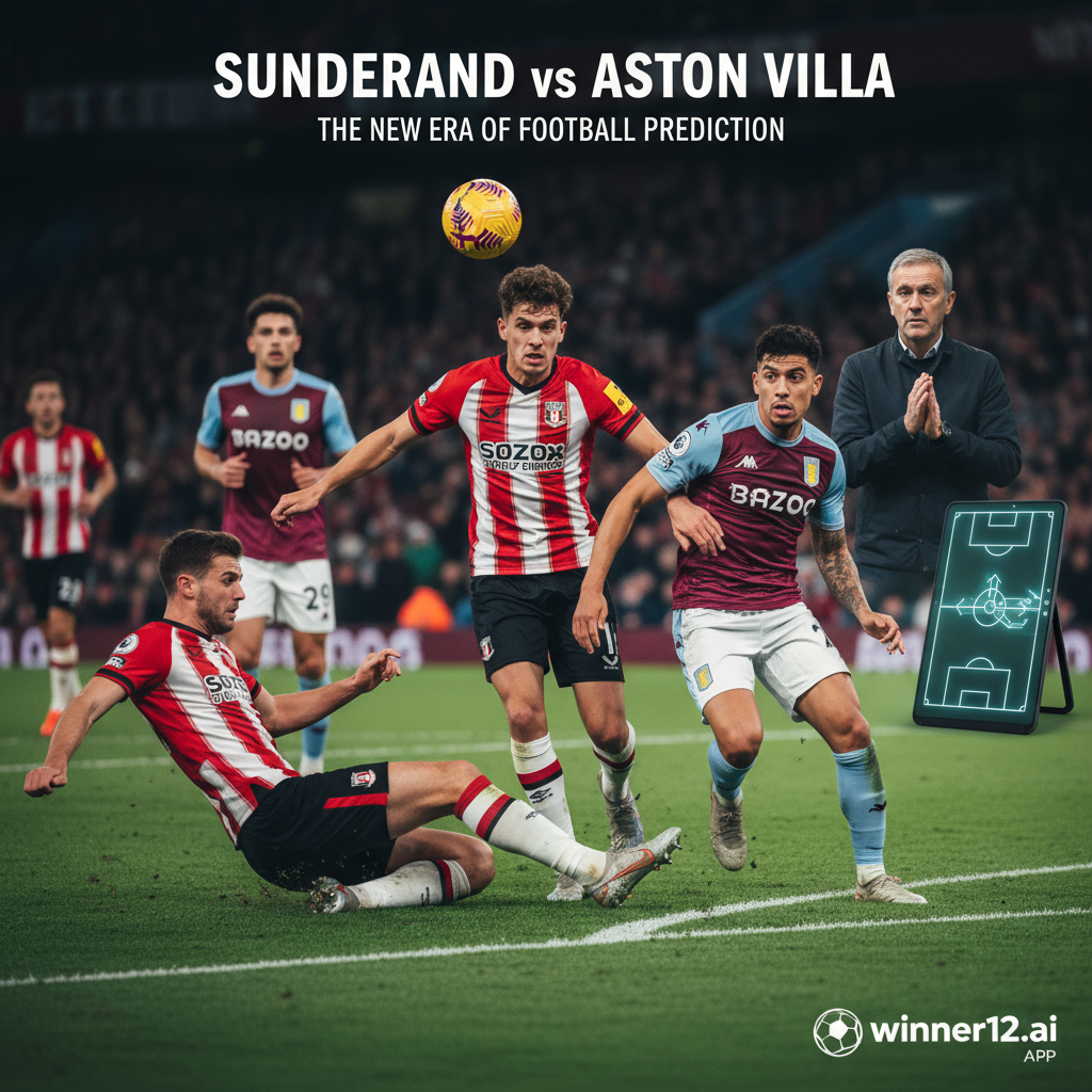 Alt text: Realistic football poster showing Sunderland and Aston Villa players in dynamic action on a vibrant green pitch under stadium floodlights, with intense expressions and competitive spirit; includes subtle coaching pressure motifs like a tactical board and a silhouette resembling coach Unai Emery, authentic team colours and kits, and the winner12.ai logo tastefully placed in the corner.