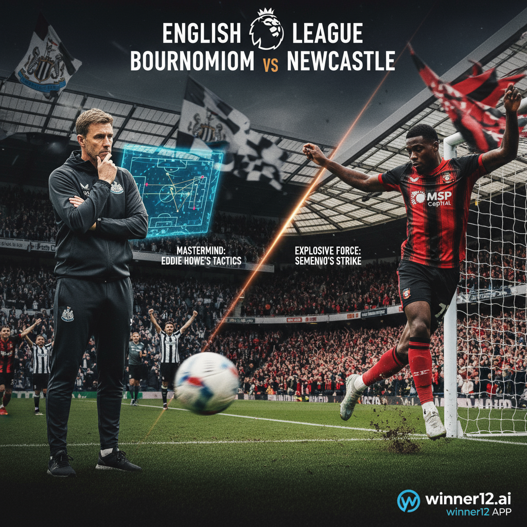 Alt text: Dynamic poster of an intense English Premier League match between Bournemouth and Newcastle, featuring Eddie Howe in a thoughtful tactical pose on one side and Andreas Semenyo scoring a powerful goal on the other, set in an authentic stadium with passionate fans and official team kits, subtle lighting highlighting the game's drama and energy, with winner12.ai logo tastefully placed in the corner.