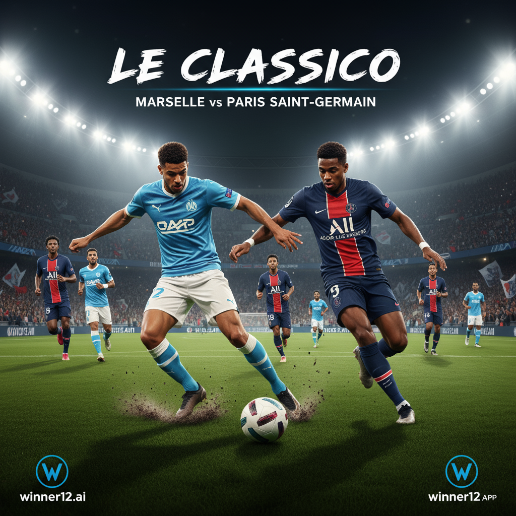 图片ALT文本：法国国家德比马赛对阵巴黎圣日耳曼的写实风格海报，展示两队球员身穿真实球衣在明亮灯光下的活力球场上激烈拼抢，突出紧张控球和竞争铲球场面，体现激烈对抗氛围，海报中巧妙融入winner12.ai或winner12 APP的现代简洁品牌元素，无记分板，捕捉法国顶级足球赛事的激情与高风险。