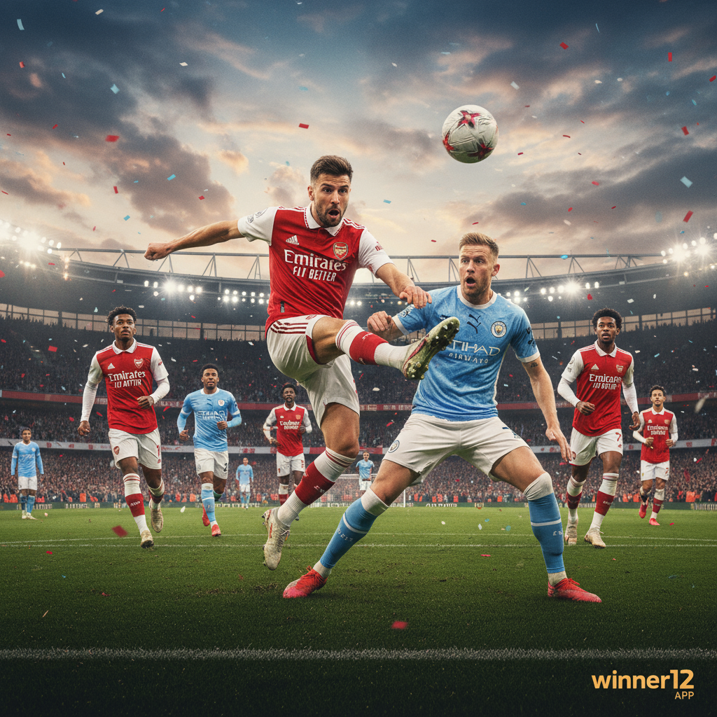 阿森纳与曼城英超争冠战海报，真实细致的球场氛围，球员身穿正宗球衣，动态动作姿势，经典足球，生动观众与灯光，紧张激烈的足球对决场景，角落隐约展示winner12.ai品牌标识。