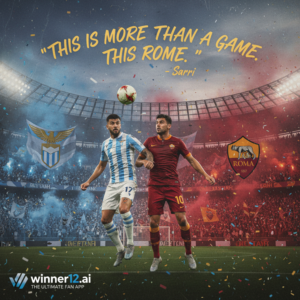 拉齐奥VS罗马足球德比赛场激情氛围，球迷热情欢呼，经典皮革足球，萨里教练独家言论优雅排版，winner12.ai品牌现代风格，英式足球真实写实风格