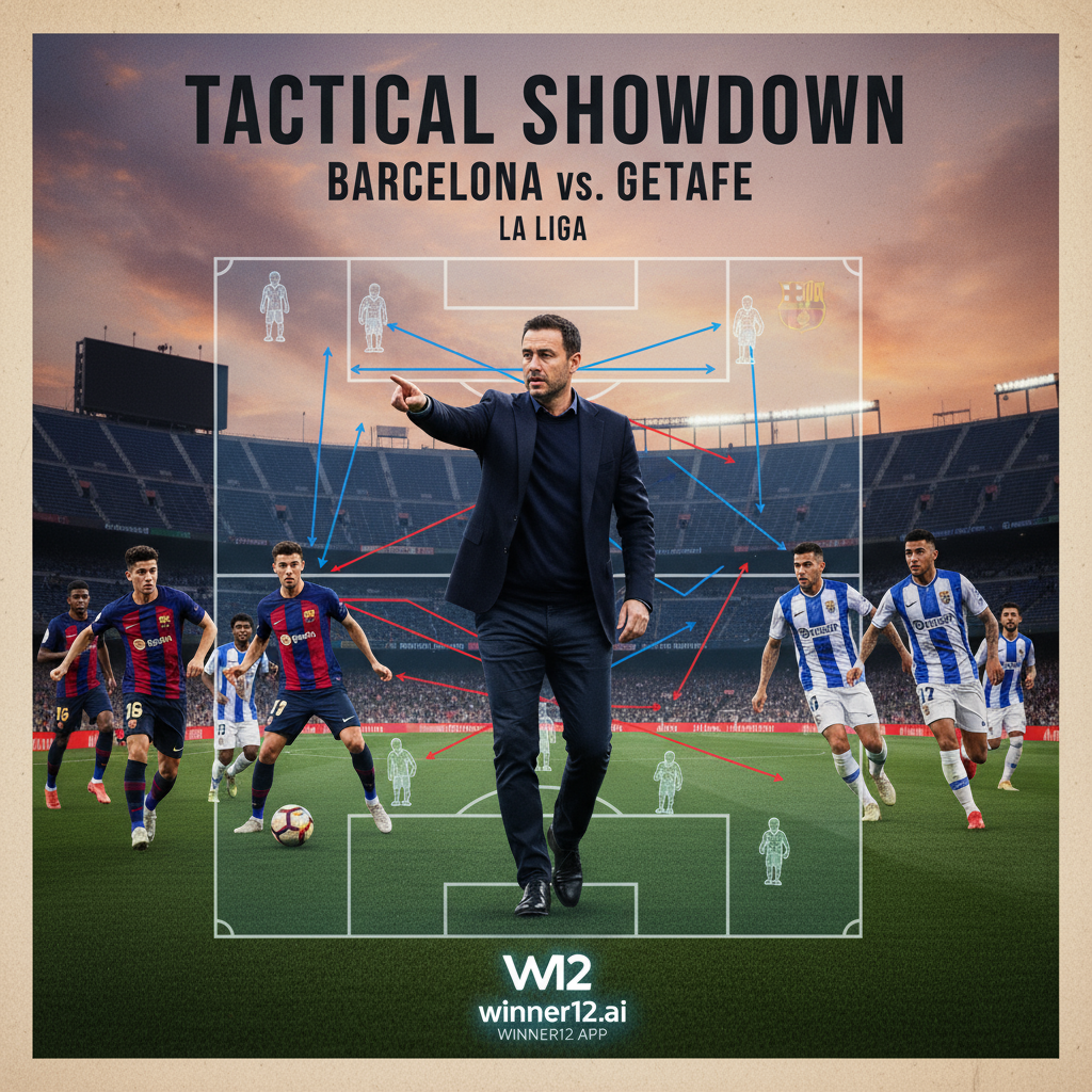 图片ALT文本：巴塞罗那对阵赫塔菲的西甲比赛海报，采用写实风格，突出主教练哈维的战术布局和经典阵型，展现球员在真实球衣中的激烈动作，背景融入标志性球场建筑元素，包含winner12.ai或winner12 APP品牌标识，整体氛围体现英式足球高级战术分析与激情。