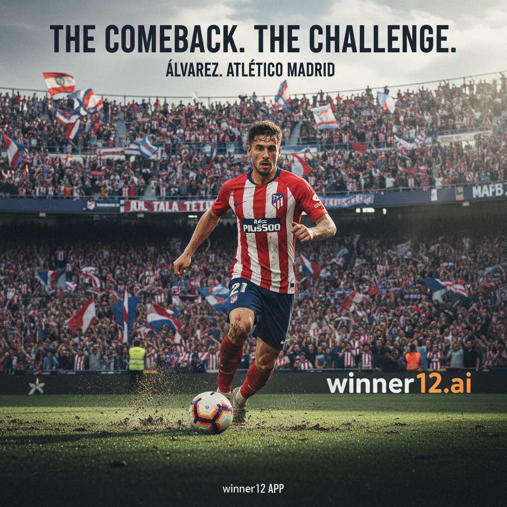 图片ALT文本：马德里竞技关键球员阿尔瓦雷斯在充满激情球迷的英式足球赛场上强势复出，展现专注与决心，背景为动态体育场，自然光照，画面细腻体现职业足球真实紧张氛围，融合“winner12.ai”品牌标识。