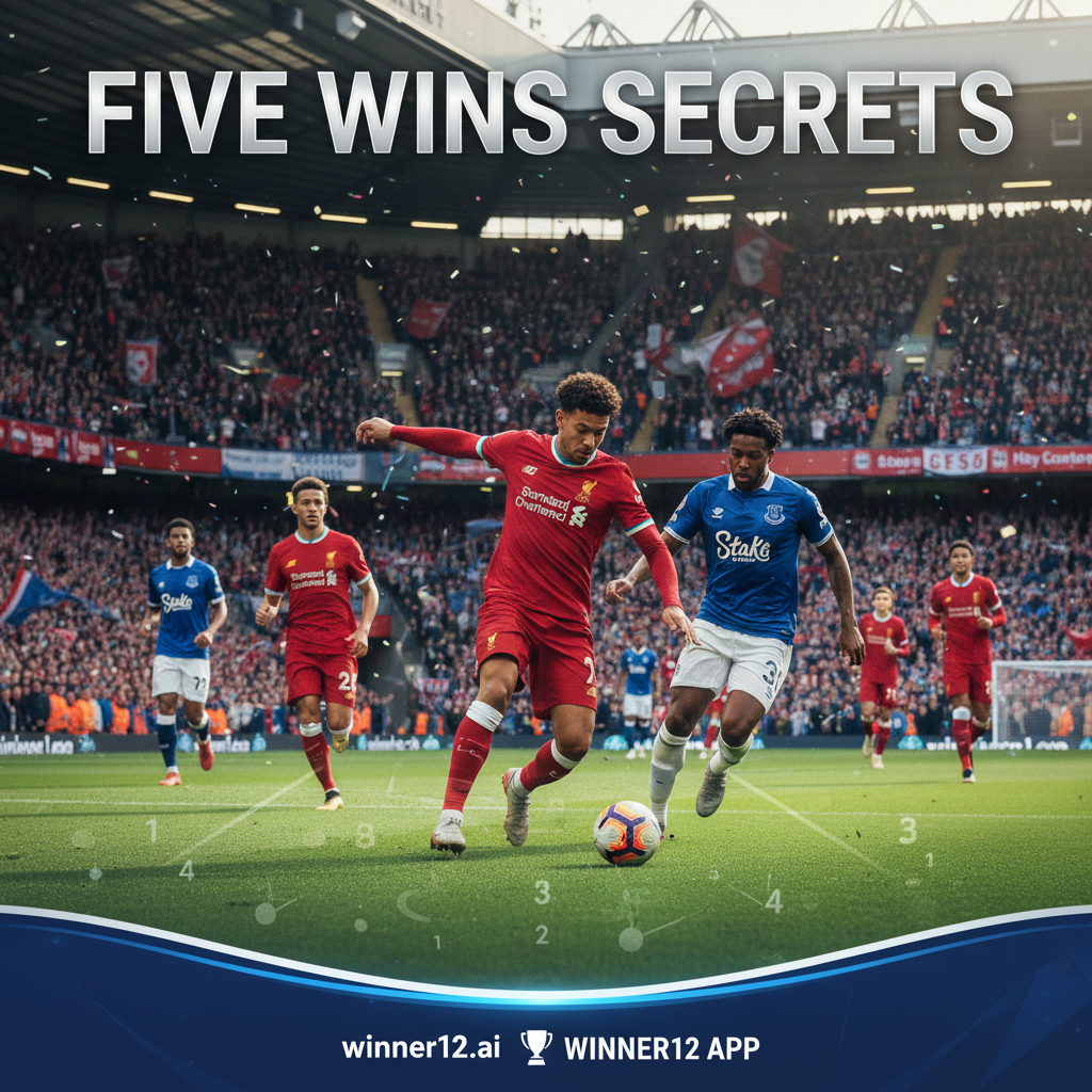 Alt text: Realistic poster of a high-energy Liverpool vs Everton Premier League football match with players in authentic kits competing on a lush green pitch inside a packed stadium, passionate fans cheering, subtle visual cues of strategic play and winning tactics highlighting 