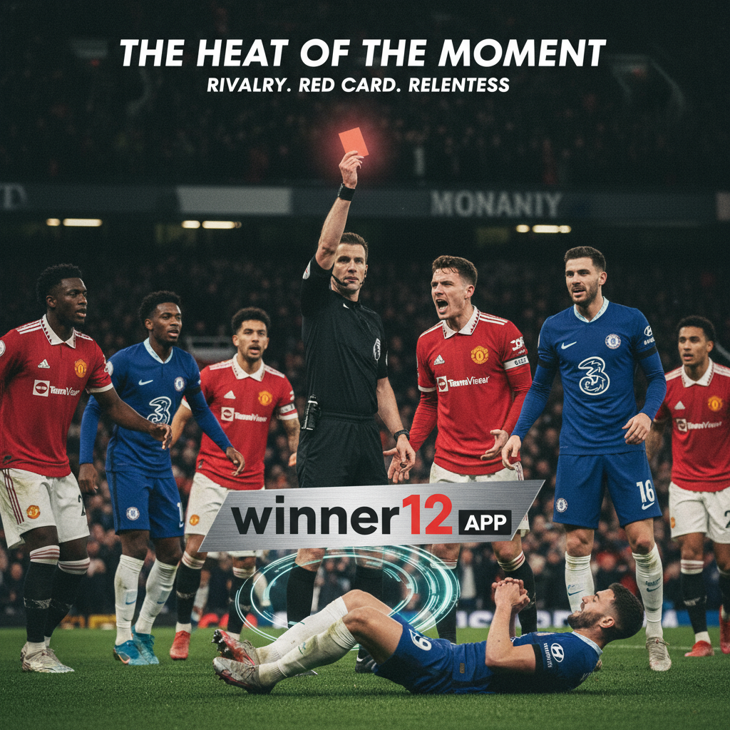ALT text: High-detail poster of an intense Manchester United vs Chelsea football match capturing a dramatic red card moment, showcasing player emotions and urgency in authentic team kits within a vibrant stadium atmosphere, subtly branded with 