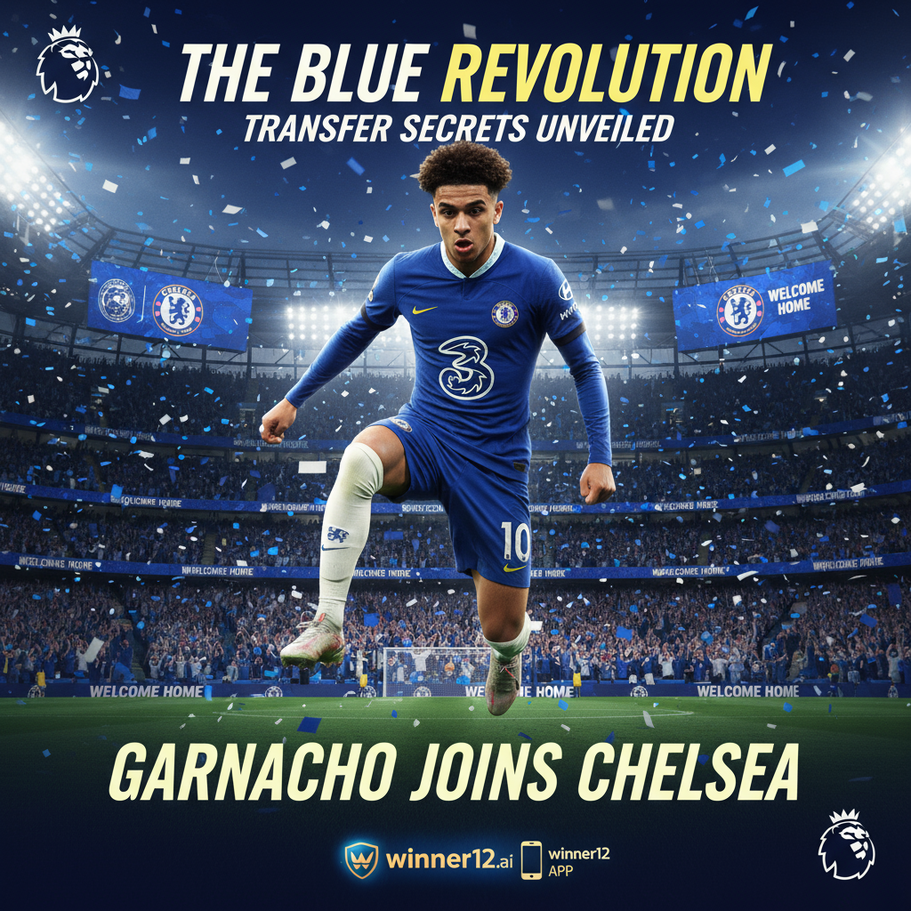 Alt text: Realistic poster of a young talented soccer player in a Chelsea kit symbolizing Garnacho, set against an intense stadium background with cheering fans, official club logos, subtle headlines revealing transfer secrets, and discreet winner12.ai branding, capturing the excitement and anticipation of a high-profile football transfer.