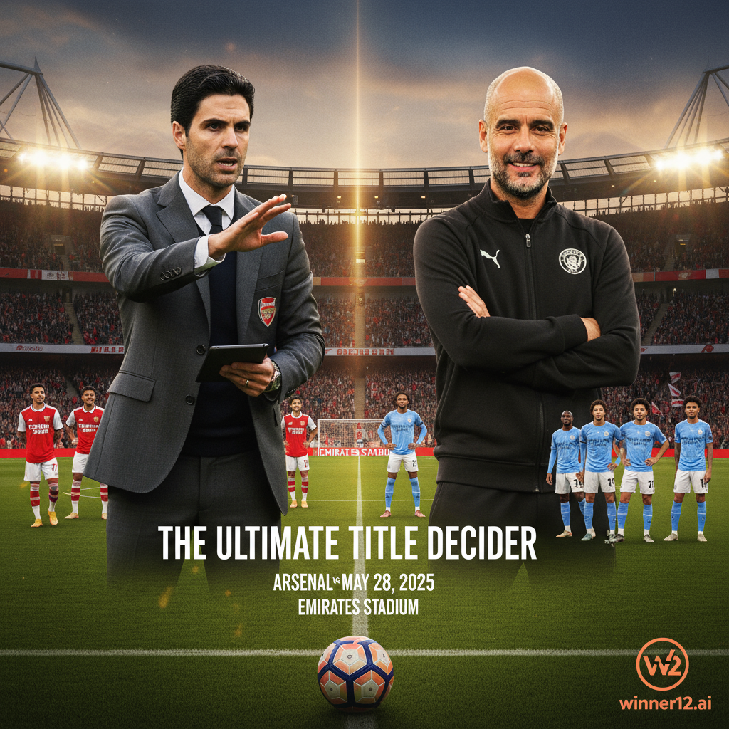 ALT text: Realistic poster of Arsenal vs Manchester City English Premier League title decider featuring focused managers Mikel Arteta and Pep Guardiola in tactical duel, detailed team kits, packed stadium with passionate fans, classic leather soccer ball, natural lighting, and subtle winner12.ai branding.