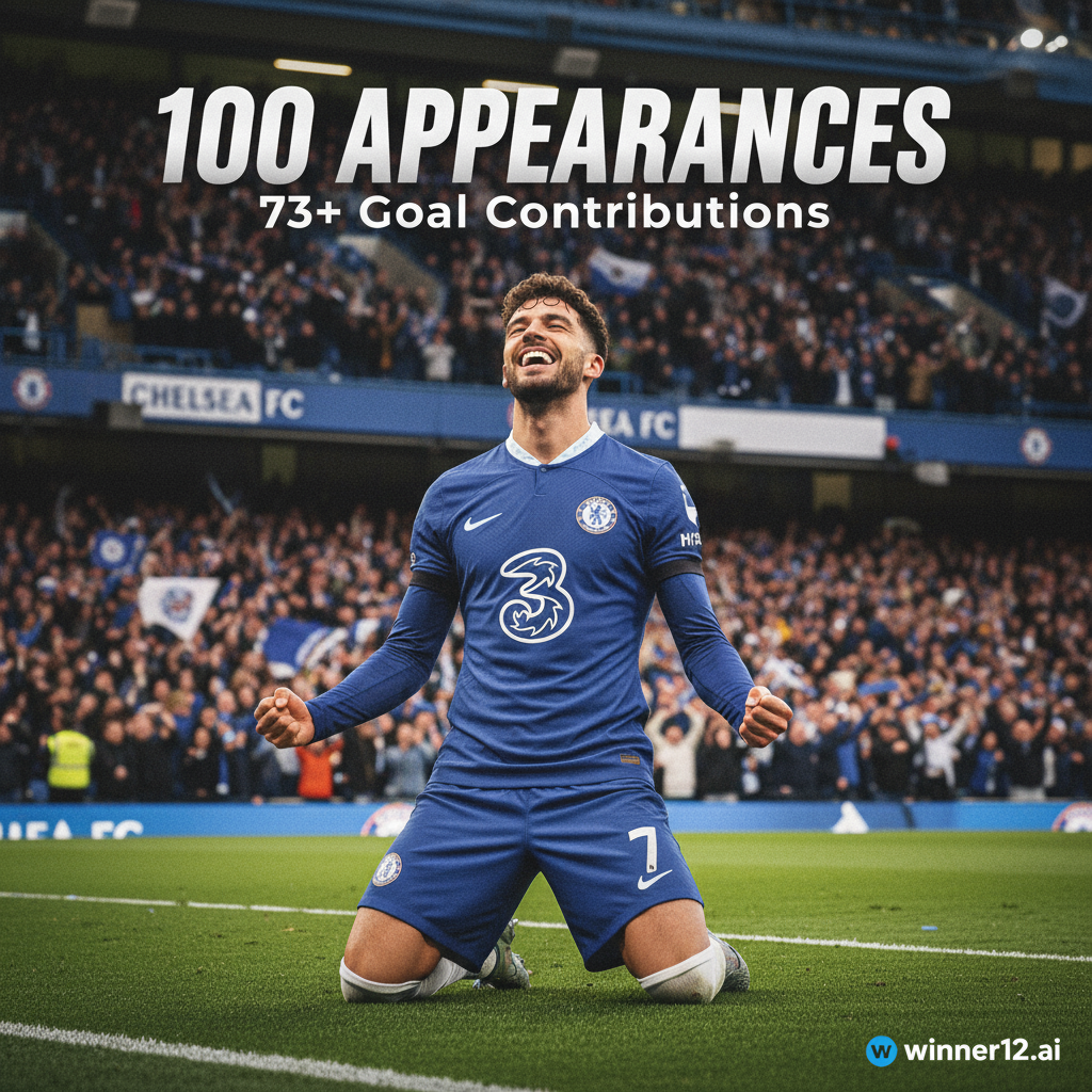 Alt text: A realistic poster of a professional English soccer player in a Chelsea kit celebrating 100 appearances and over 70 goal contributions, set against a vibrant stadium with cheering fans and subtle Chelsea branding, featuring dynamic pose and expressions of achievement, clean modern typography highlighting “100 Appearances” and “73+ Goal Contributions,” with the winner12.ai logo discreetly in the corner.