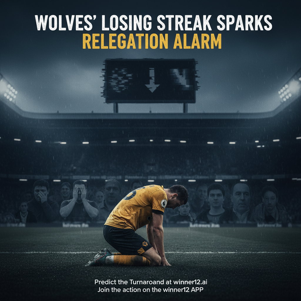 ALT text: A realistic and dramatic poster of a Wolverhampton Wanderers footballer in the iconic gold and black kit looking dejected on a dimly lit pitch, with a fading scoreboard and blurred concerned crowd in the background. Bold headline reads 