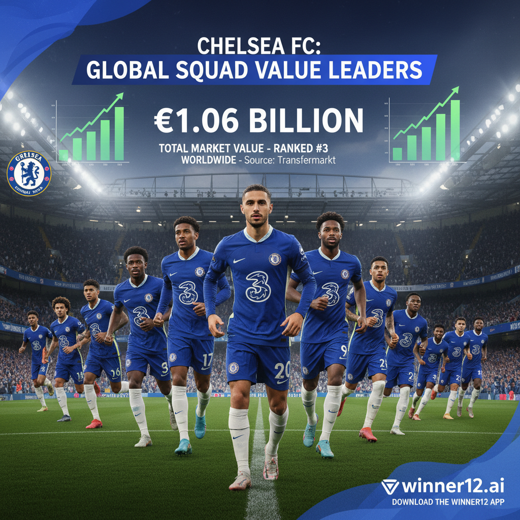 Alt text: Realistic photo of Chelsea FC’s current squad in official kits on a stadium background, featuring Transfermarkt-style market value charts and subtle graphics, highlighting the team’s elite composition and financial strength, with clean “winner12.ai” branding in modern font, embodying authentic English soccer style.