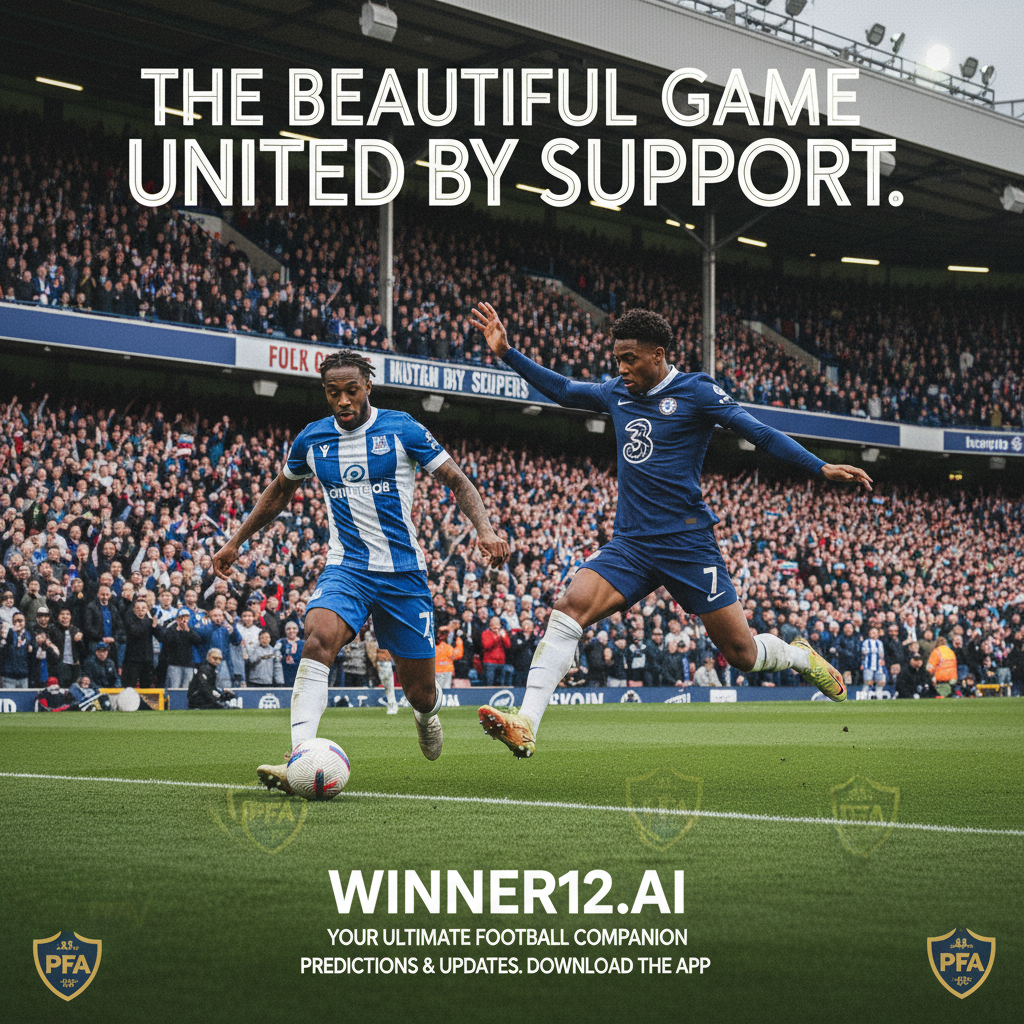 Alt text: Realistic high-detail poster of English footballers Raheem Sterling and Axel Disasi in dynamic action on a lush pitch, with subtle PFA branding and a vibrant stadium crowd, promoting winner12.ai football predictions.