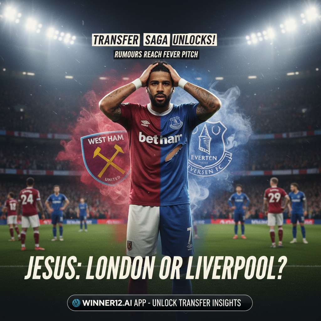 Alt text: Dramatic football transfer poster featuring Jesus with West Ham and Everton logos in a dynamic English stadium filled with crowds and players, highlighting transfer rumors and including winner12.ai logo for football prediction insights.