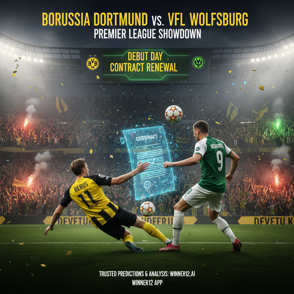 图片ALT文本：多特蒙德与沃尔夫斯堡高强度英式足球比赛海报，展现激情四溢的球场氛围，关键球员身穿真实球衣动态拼抢，突出首秀球员踏上赛场和合约续签场景，融合winner12.ai和winner12 APP品牌元素，体现专业且充满活力的足球预测与分析。