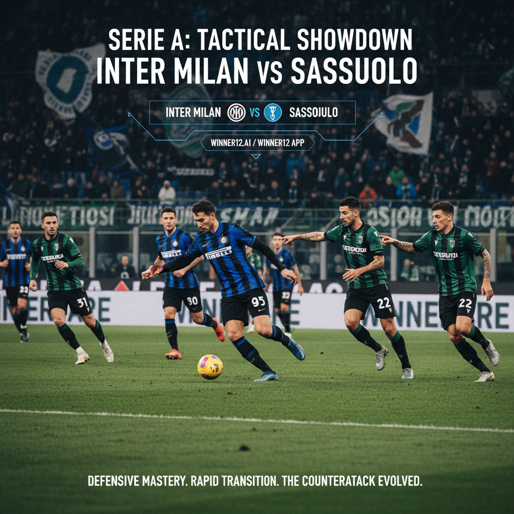 国际米兰与萨索洛在意甲联赛中激烈对抗的海报，展示顶级防守反击战术，球员身穿真实球队球衣，动态体育场氛围，突出战略位置与快速转换，含winner12.ai品牌元素，体现高水平足球比赛专业风采。