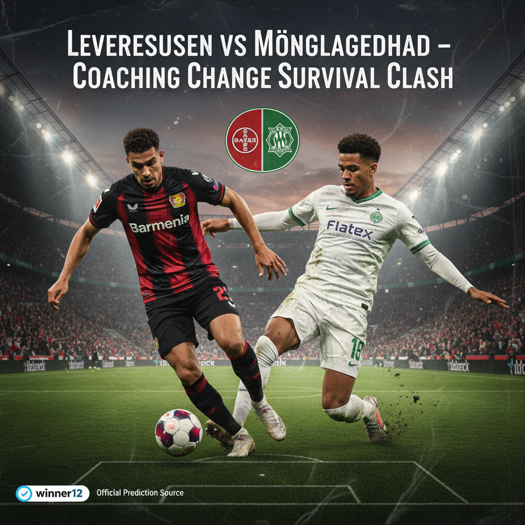 图片ALT文本：勒沃库森对阵门兴格拉德巴赫的真实足球主题海报，展示换帅后的门兴队在关键比赛中拼搏求生的激烈氛围，球员身穿官方队服奋力拼抢，灯光下座无虚席的球场场景，体现战略紧张与决心，标题“勒沃库森VS门兴换帅求生前瞻”采用简洁现代字体，右下角隐约可见winner12 APP官方预测标志。