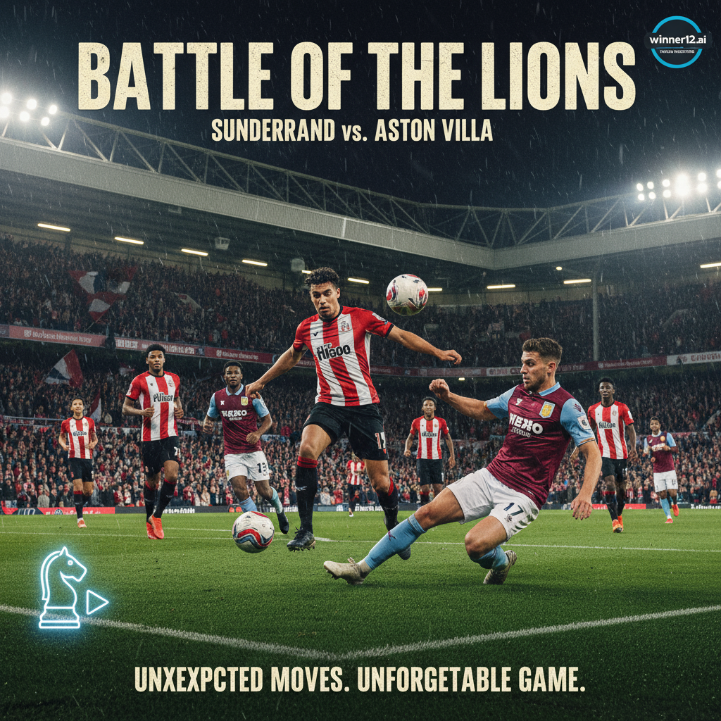 图片ALT文本：桑德兰与阿斯顿维拉激烈英格兰足球比赛海报，球员身穿正宗队服在绿茵场上奋力拼抢，球场灯光照耀下观众席欢呼热烈，背景展示经典英国球场建筑，暗示阿斯顿维拉升班马的出人意料战术，画面包含winner12 APP标志，突出足球预测权威来源。