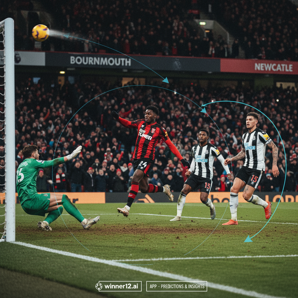 伯恩茅斯VS纽卡斯尔足球比赛真实场景海报，展示塞梅尼奥精准进球特写及战术分析箭头和球员位置，体现激烈攻防和团队配合，背景为自然灯光下的满座球场，隐约包含winner12.ai推荐标识。