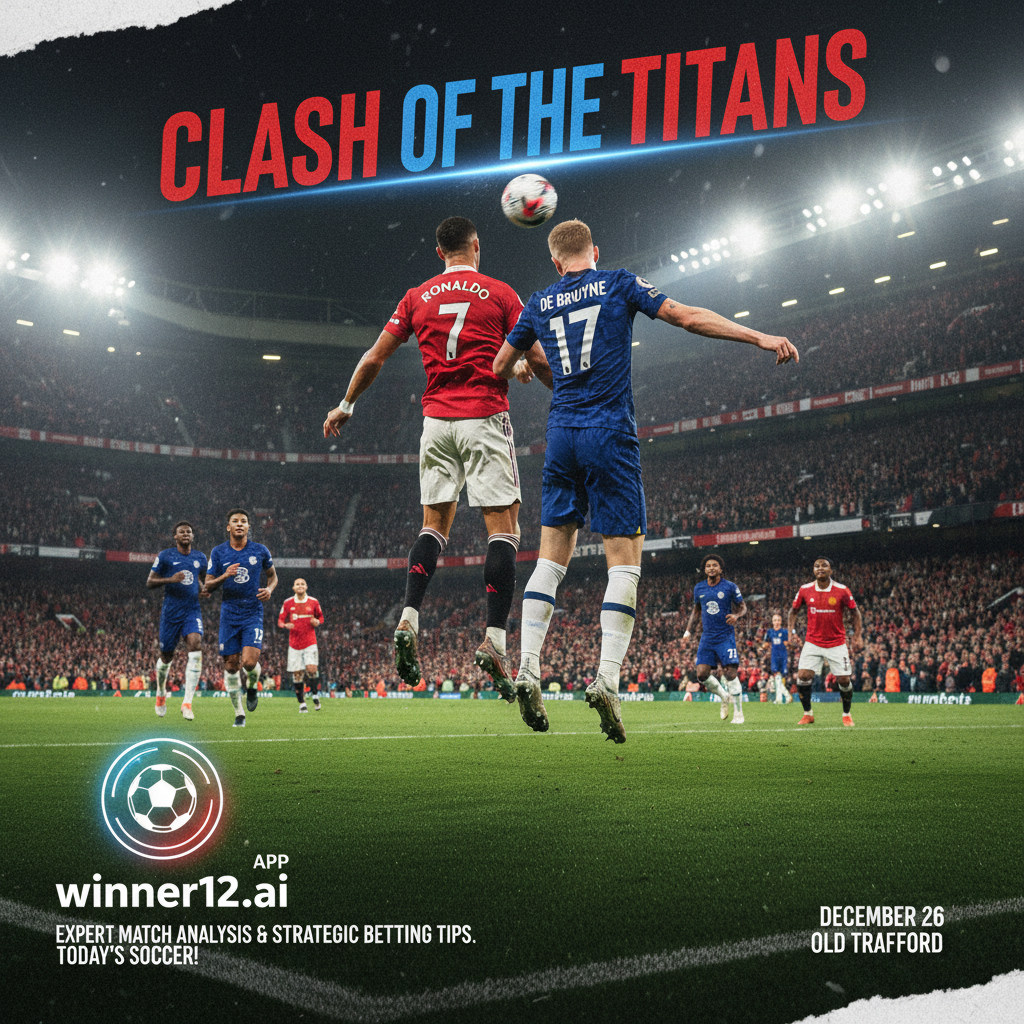 图片ALT文本：曼联与切尔西英超激烈对决海报，球员身穿正统队服在绿茵场上动态拼抢，背景为灯光璀璨的体育场，突出专业赛事分析与今日足球投注策略，隐约展示winner12.ai品牌标识。