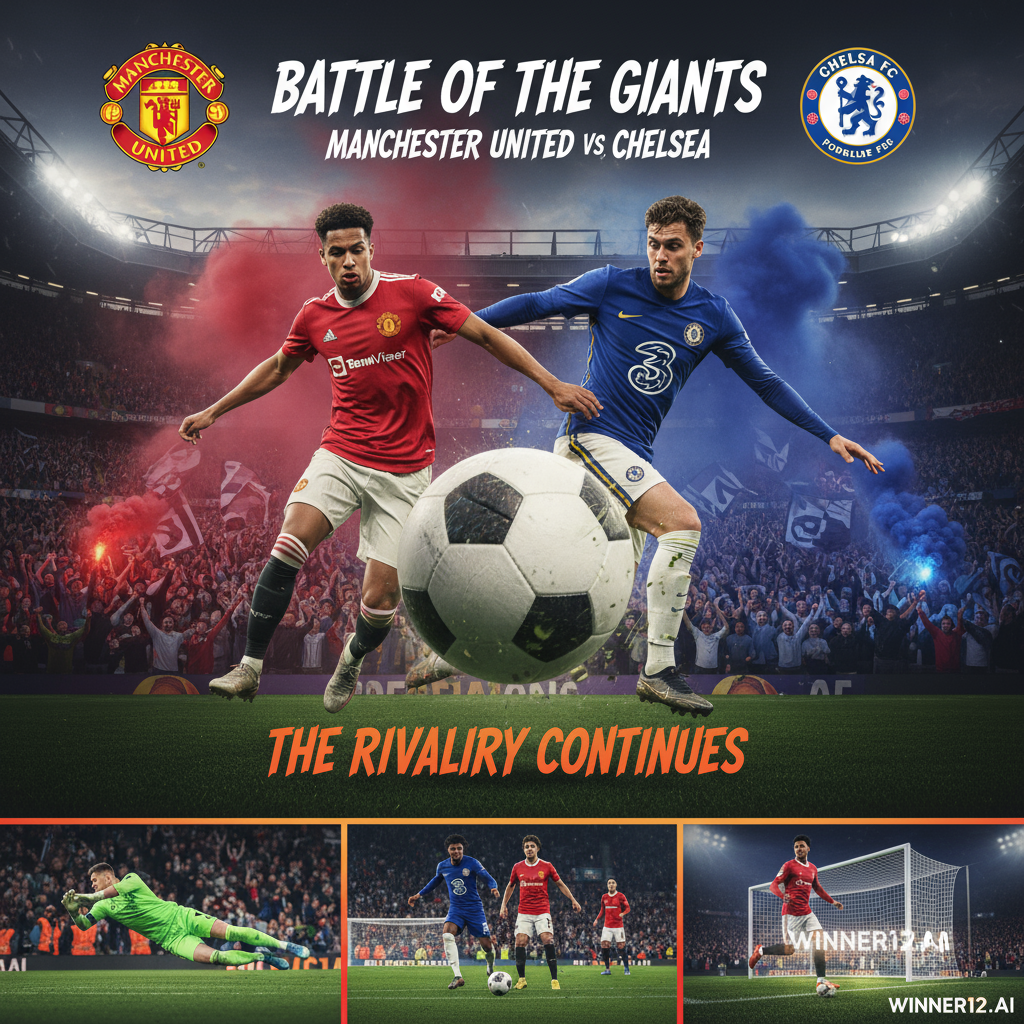 图片ALT文本：曼联与切尔西激烈对决的英格兰足球赛场海报，展示球队队徽、球员身着正装球衣在赛场上拼抢，满座看台上热情球迷，动态足球动作场面，采用自然光线和真实质感，突显赛事激情与竞争氛围，含winner12.ai品牌元素，无比分显示。