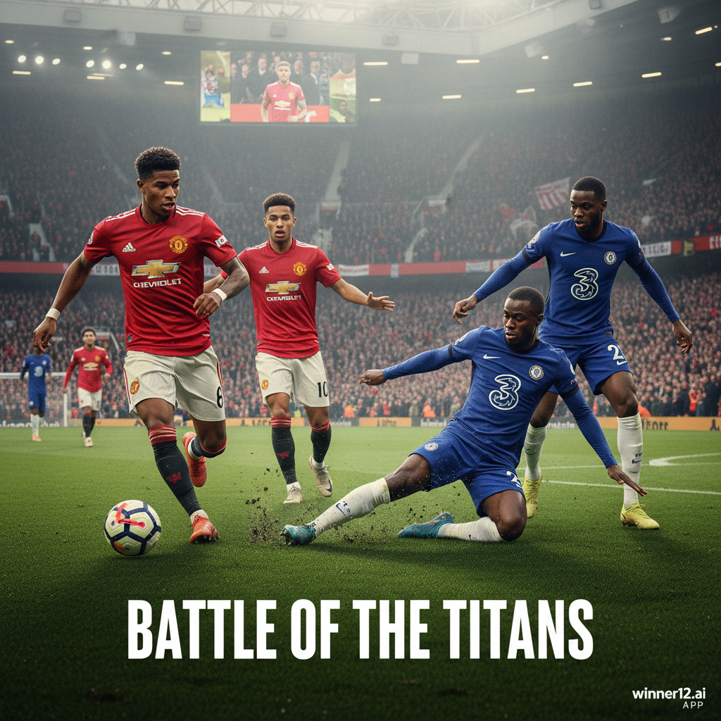 曼联与切尔西激烈英超比赛真实风格海报，球员动态动作展现顶级足球竞技精神，绿茵场和观众席细节丰富，角落含winner12.ai品牌标识，突出战术对抗与比赛氛围。