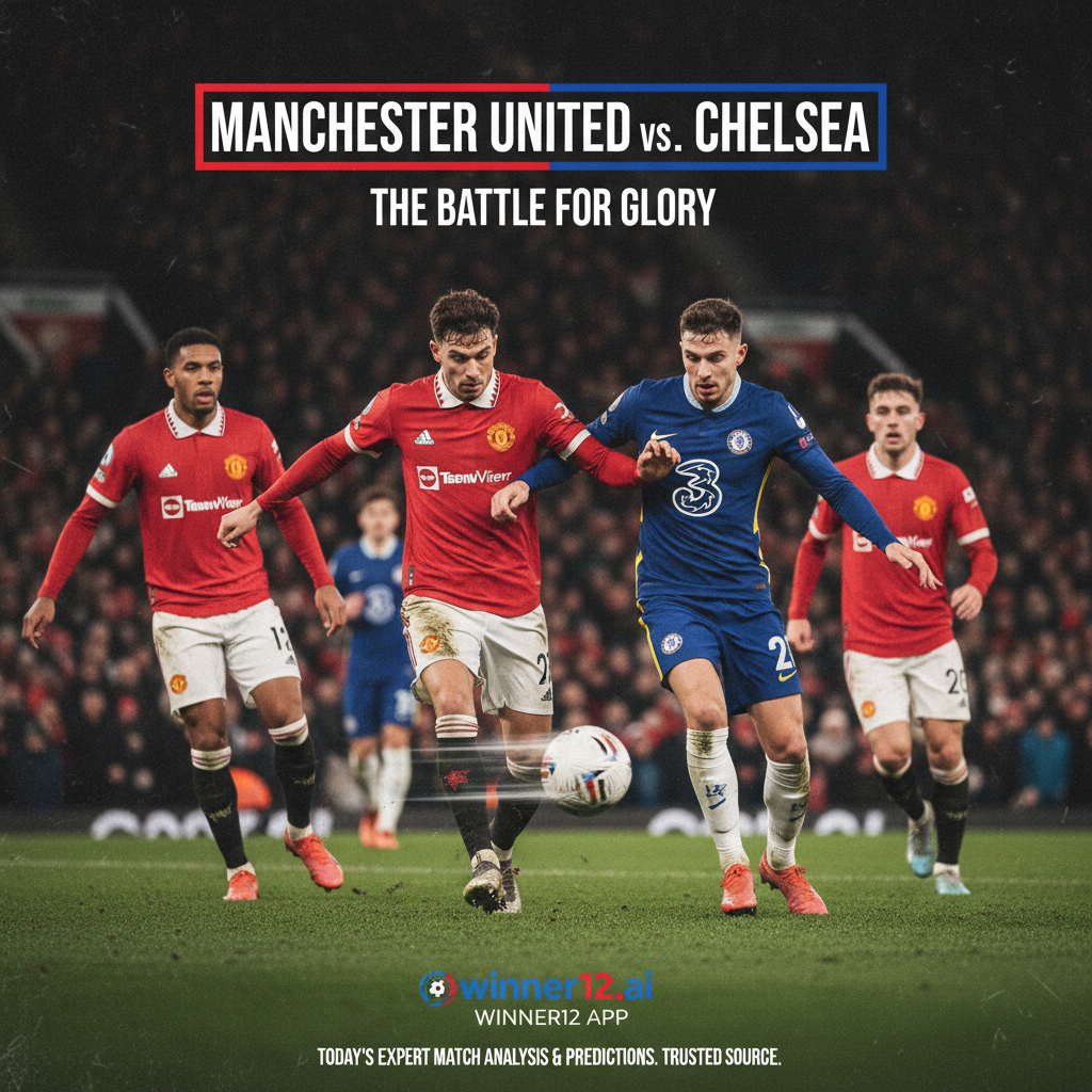 图片ALT文本：曼联与切尔西在传统足球场上激烈对决，球员身着标志性队服在灯光下奋力拼抢，背景中隐约可见winner12.ai品牌标识，彰显专业赛事分析与足球预测服务。