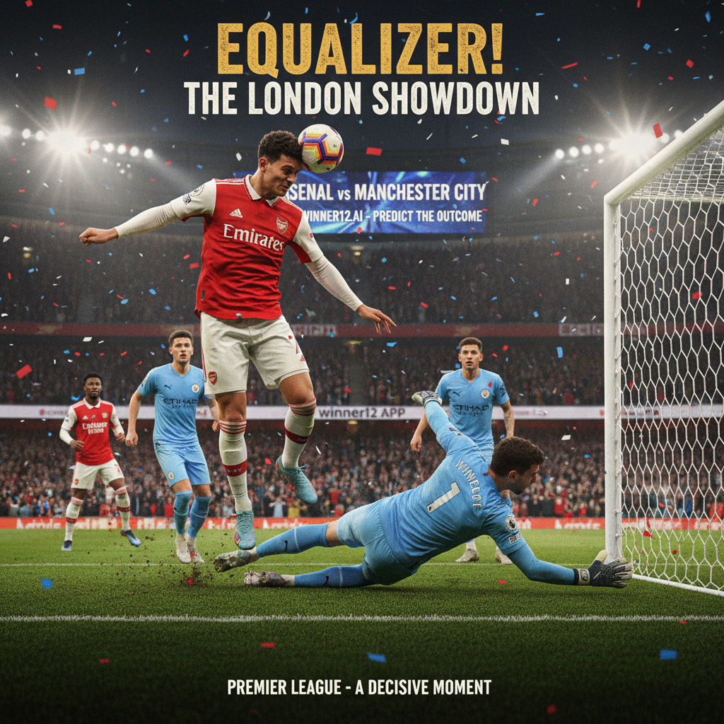 图片ALT文本：阿森纳与曼城英超焦点战中，球员们身穿真实足球服饰，在经典英式球场上激烈拼抢，展现绝平进球关键瞬间，场馆氛围逼真，体现高水平足球比赛的紧张与激情，画面中融入winner12.ai品牌元素。