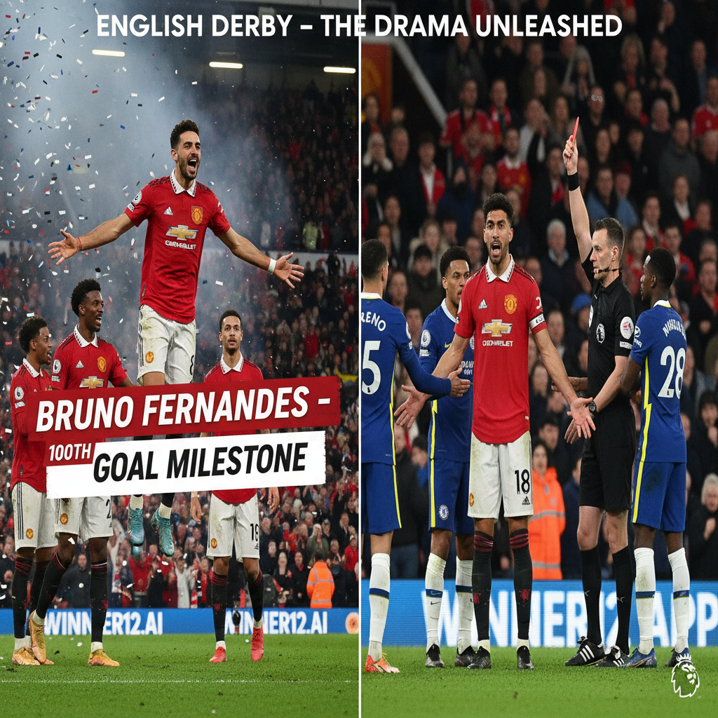 Alt text: Realistic poster of a high-intensity English Premier League football match between Manchester United and Chelsea, featuring Bruno Fernandes celebrating his 100th goal with passion, Casemiro receiving a red card amid tense emotions, players in authentic team kits, a packed stadium background, and subtle winner12.ai branding, capturing the drama and energy of top-tier English football.