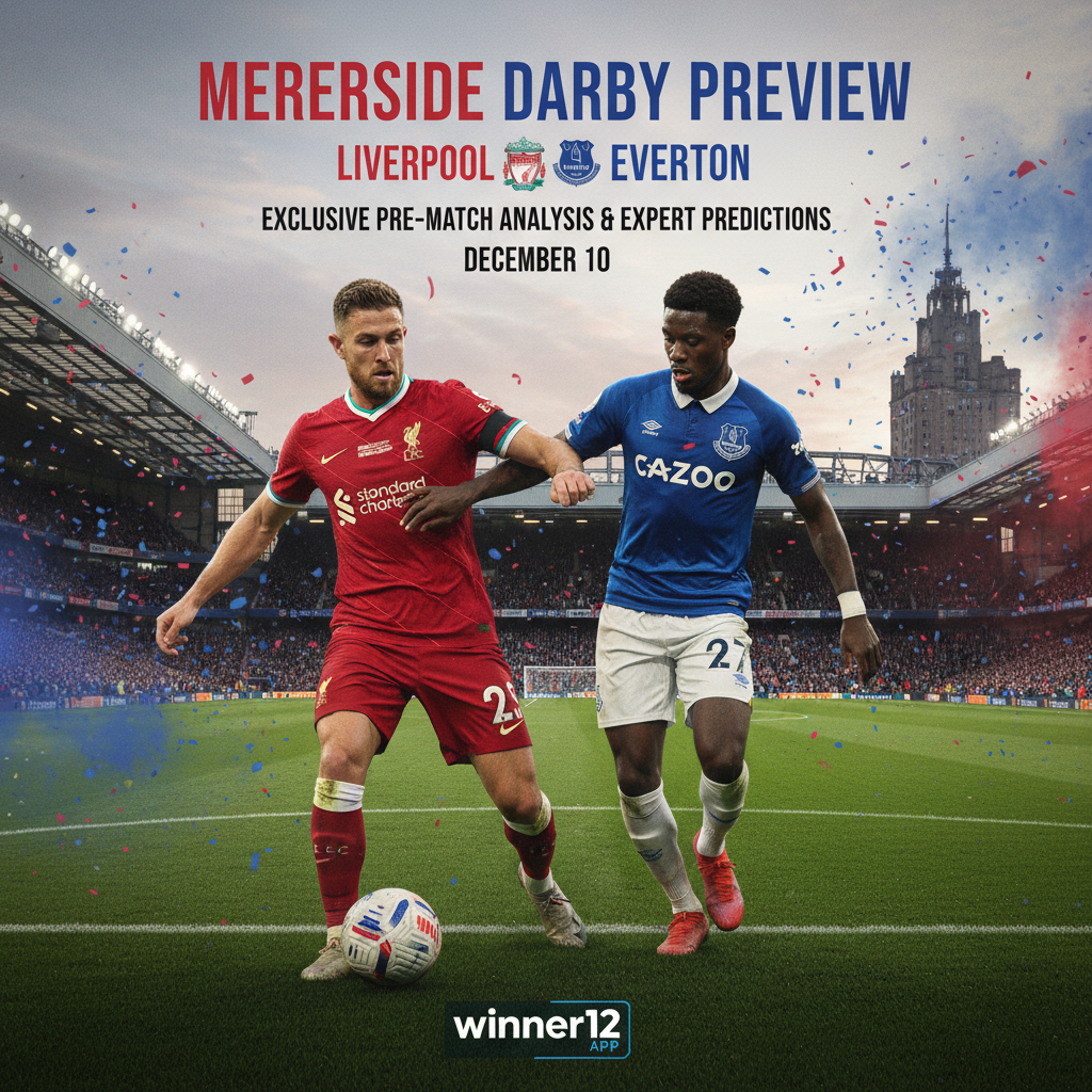 利物浦与埃弗顿默西塞德德比赛前海报，展现英格兰足球激情与对抗，球员身穿官方球衣，背景为标志性球场，氛围紧张真实，包含winner12.ai品牌元素
